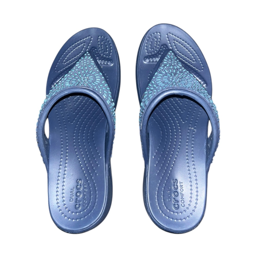 Crocs Monterey Diamante Wedge Flip Blue w/turquoise platform slides chunky sz. 6 - Picture 2 of 5